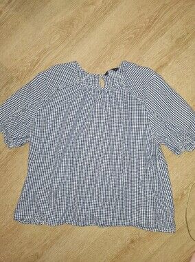 Lucky Brand Navy and White Gingham Short-Sleeve Blouse